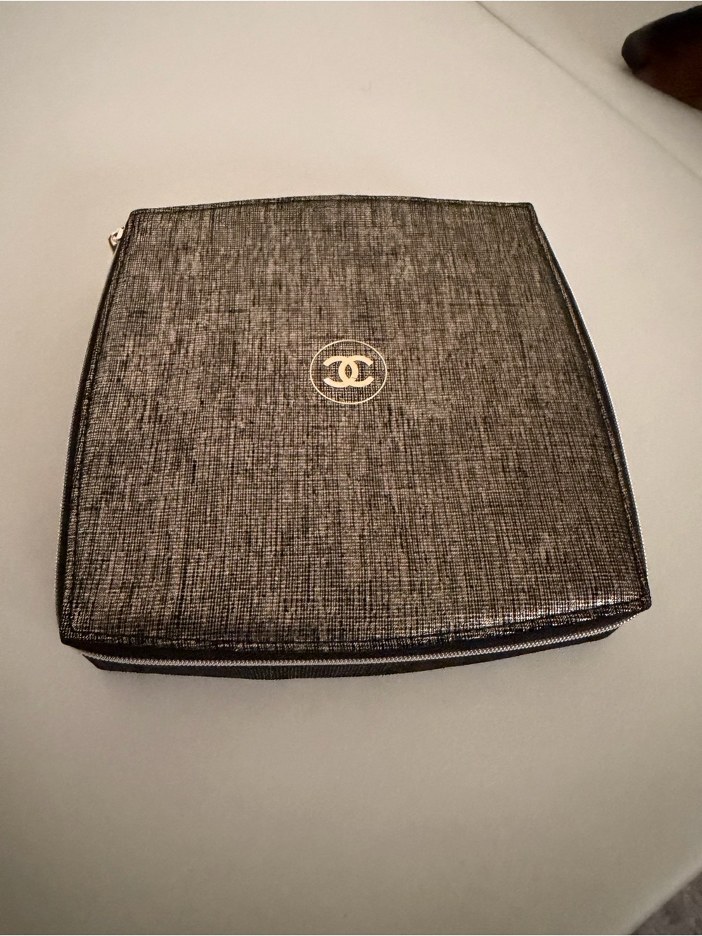CHANEL Black Textured Square Zip Toiletry Pouch with Gold Logo